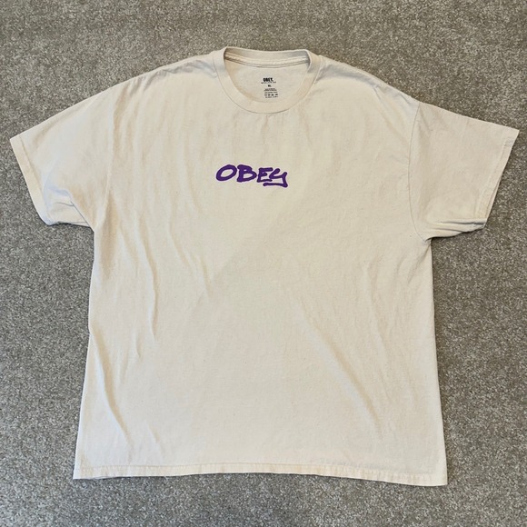 Obey Worldwide T Shirt Mens XL Beige Purple Graphic Print Tee Crew Neck - Picture 1 of 5